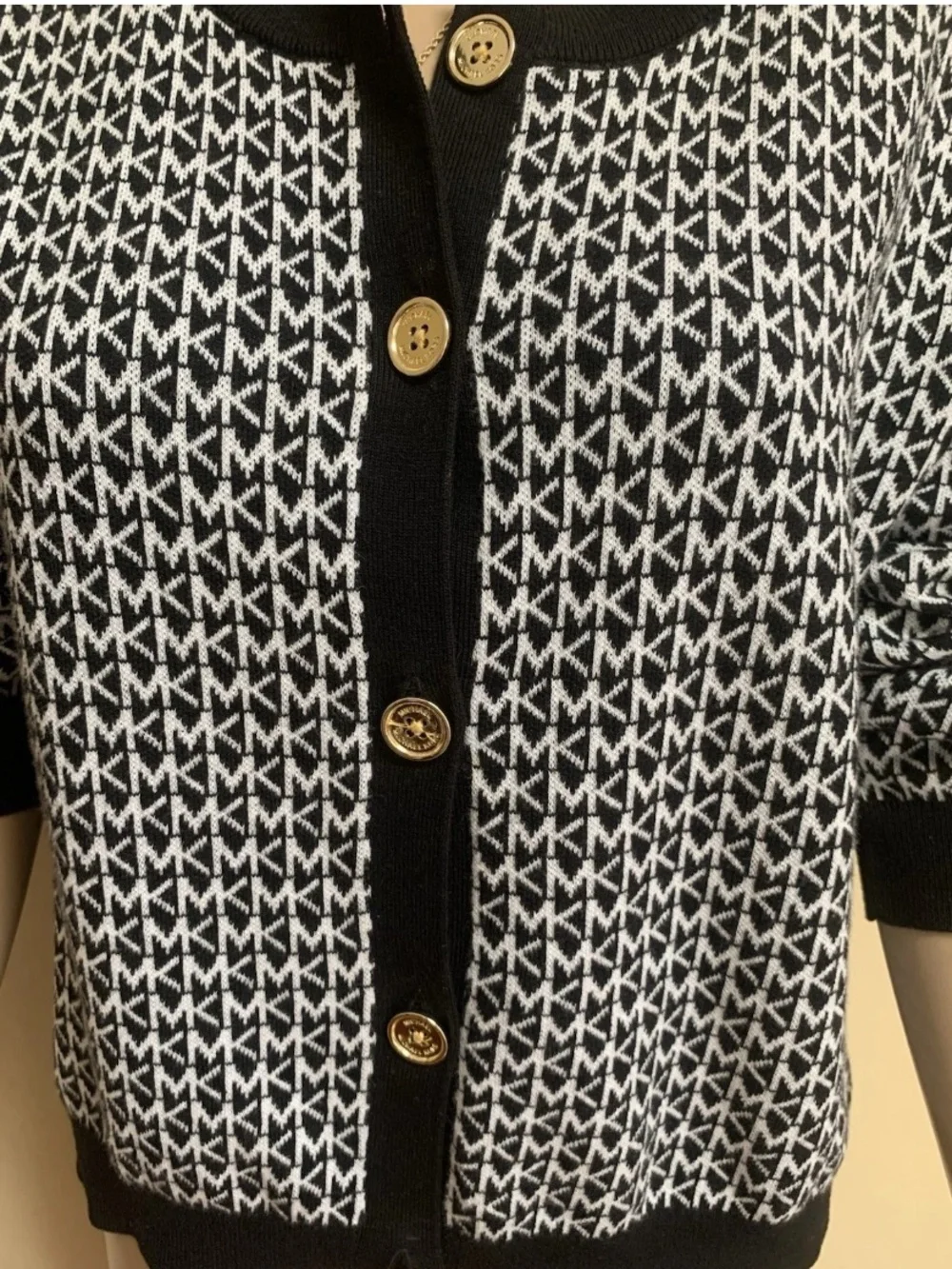 Michael Kors Black Trim & White Monogram Gold Buttons Knit Button-Up Cardigan XL